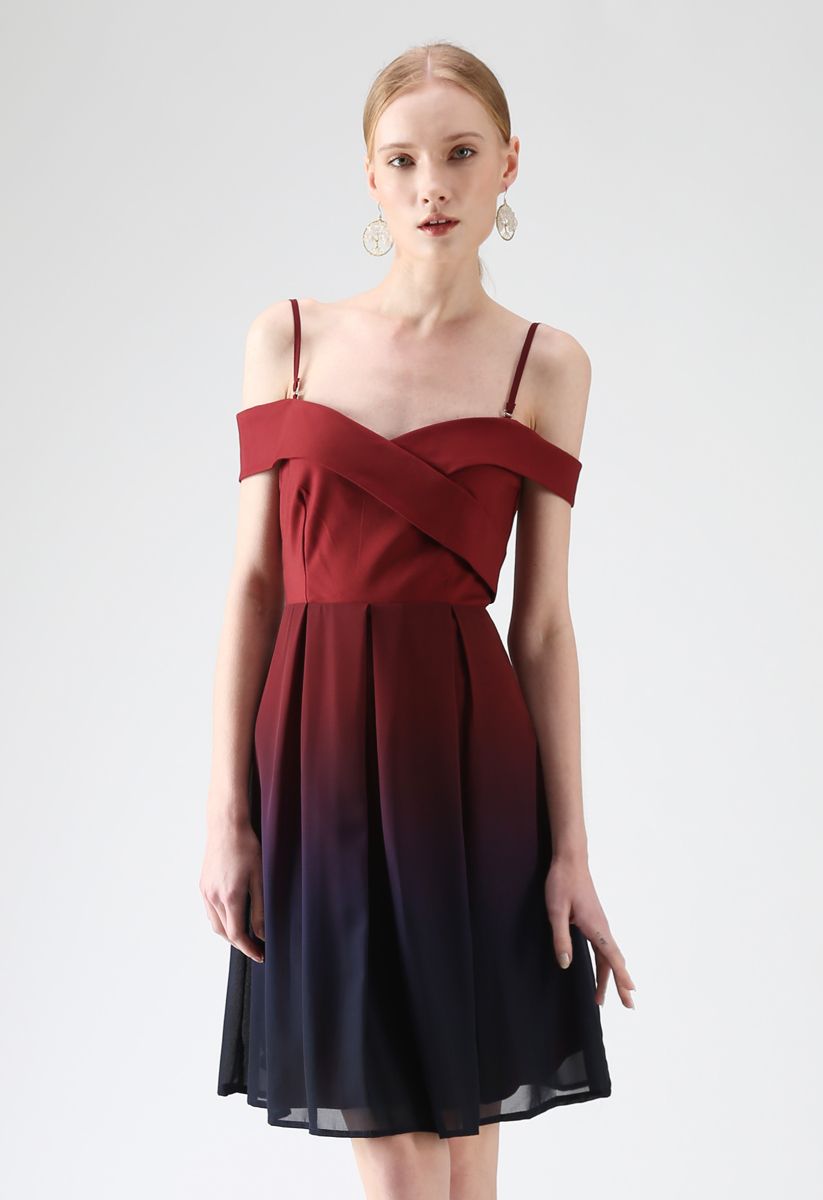 Gradient Revelry Cold-Shoulder Dress in Wine