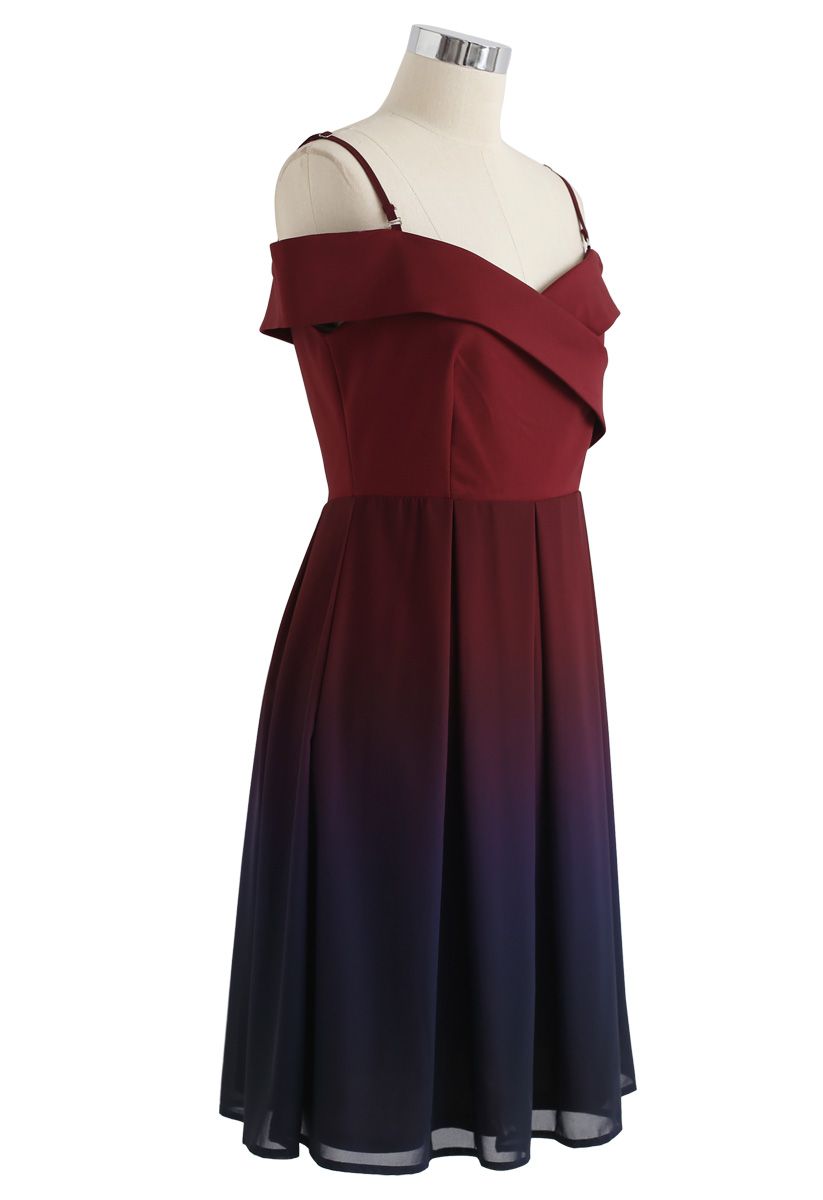 Gradient Revelry Cold-Shoulder Dress in Wine