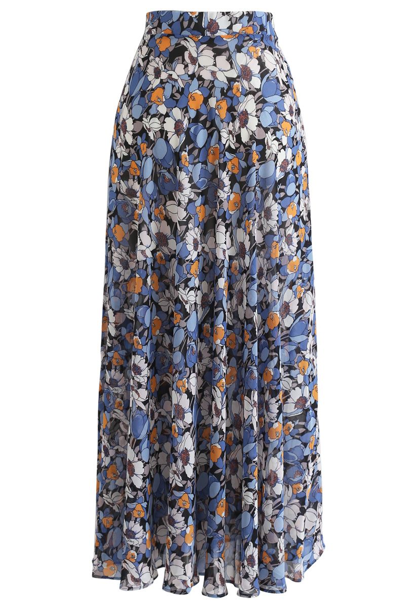 Flower Season Chiffon Maxi Skirt in Blue