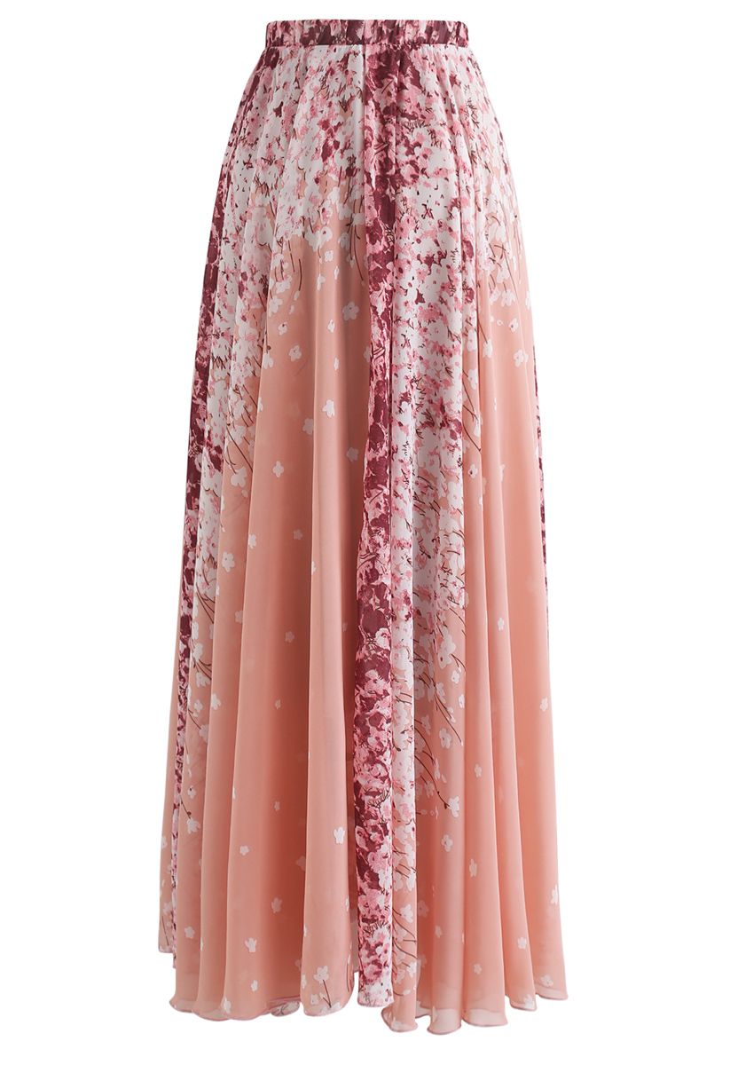 Cherry Blossom Watercolor Chiffon Maxi Skirt