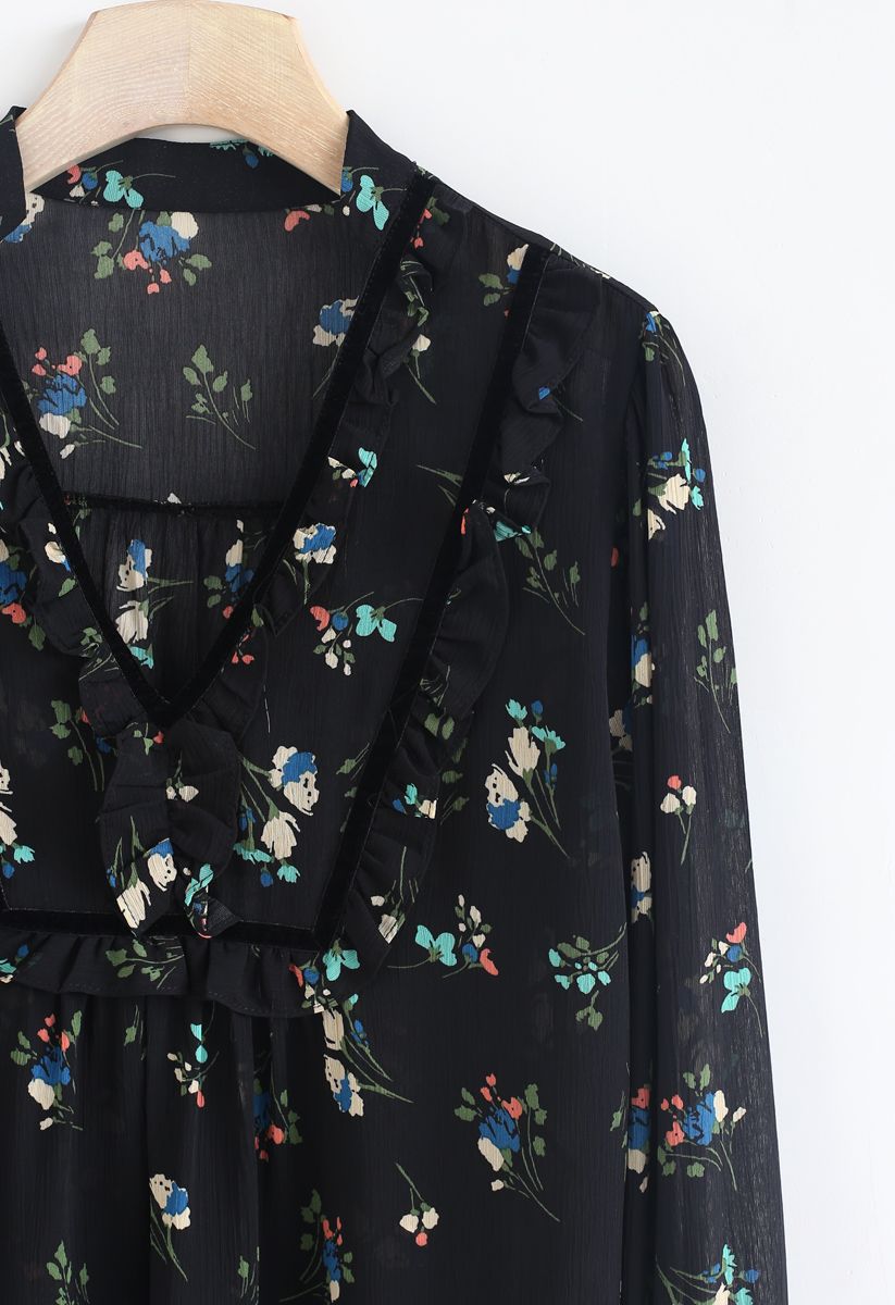 Love in Floral Chiffon Top in Black