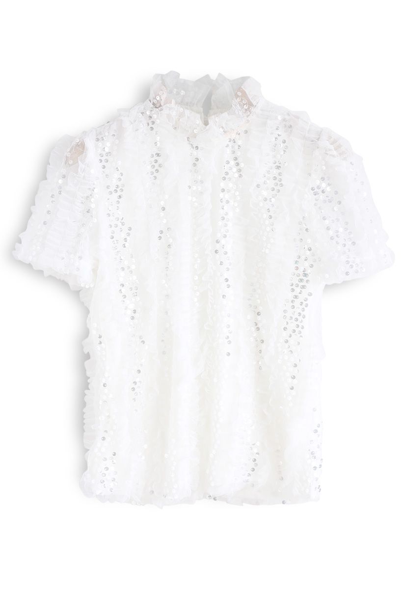 Glory Glow Sequins Mesh Top in White