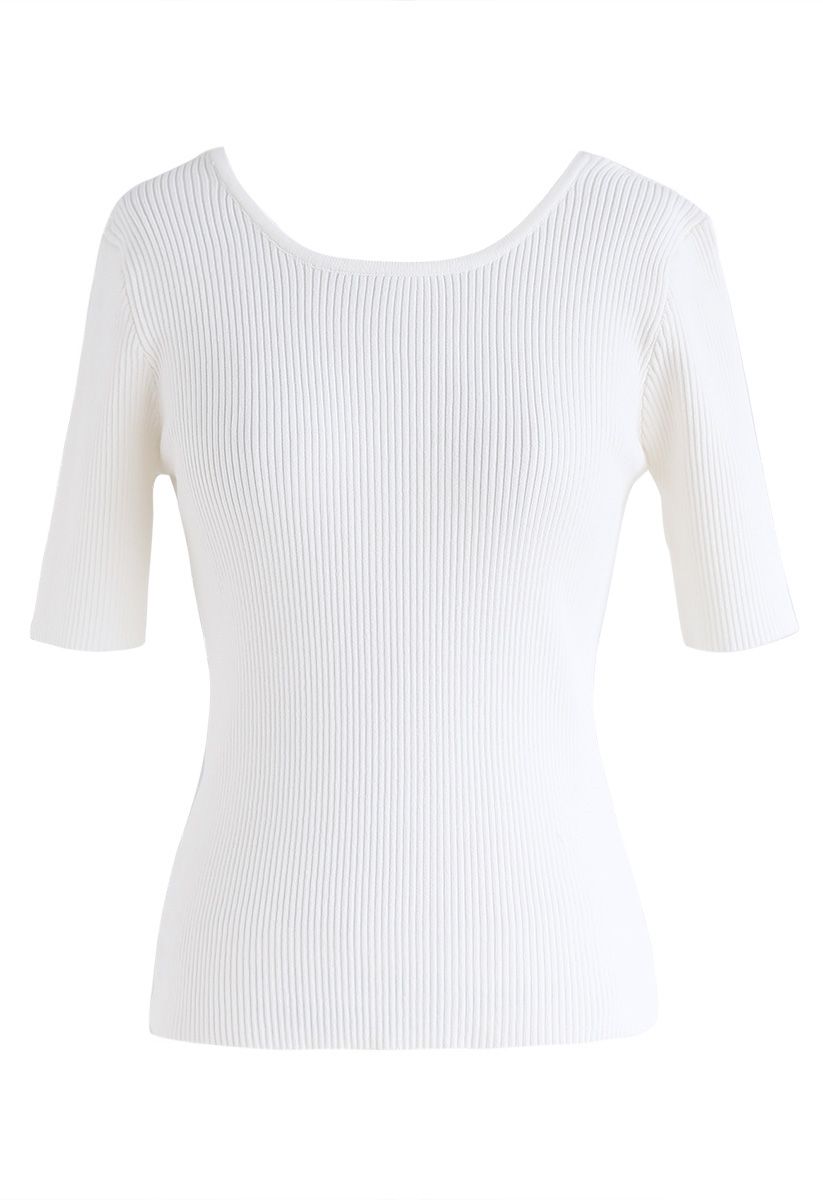 Just for Bowknot Cutout Knit Top in White