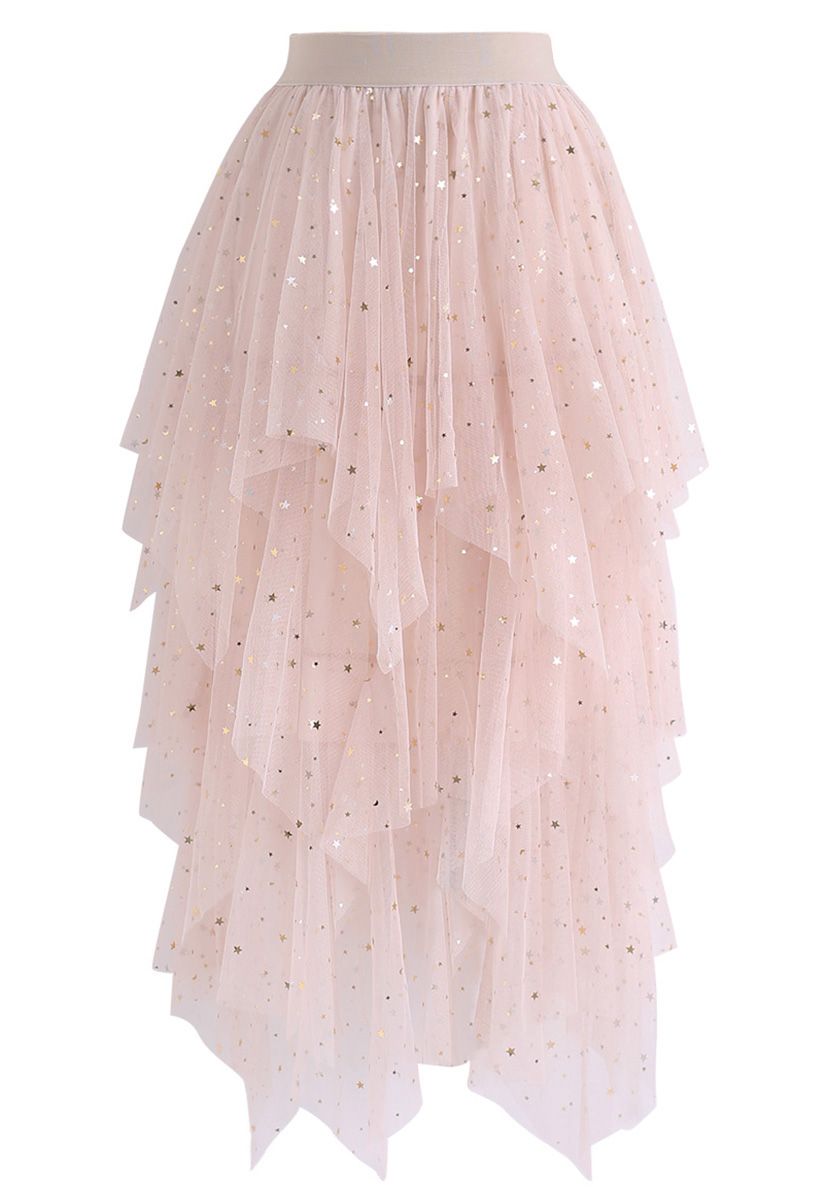 Shooting Stars Asymmetric Tiered Mesh Skirt in Pink