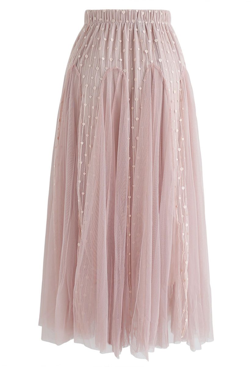 Dotted Love Flare Tulle Midi Skirt in Pink