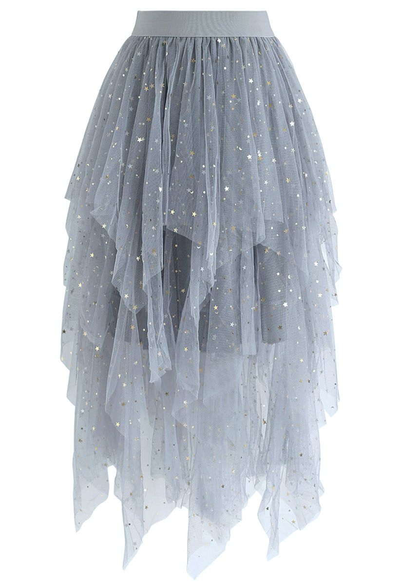 Shooting Stars Asymmetric Tiered Mesh Skirt in Blue