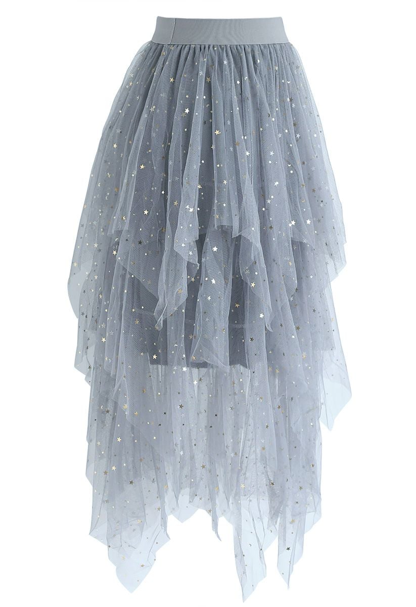 Shooting Stars Asymmetric Tiered Mesh Skirt in Blue