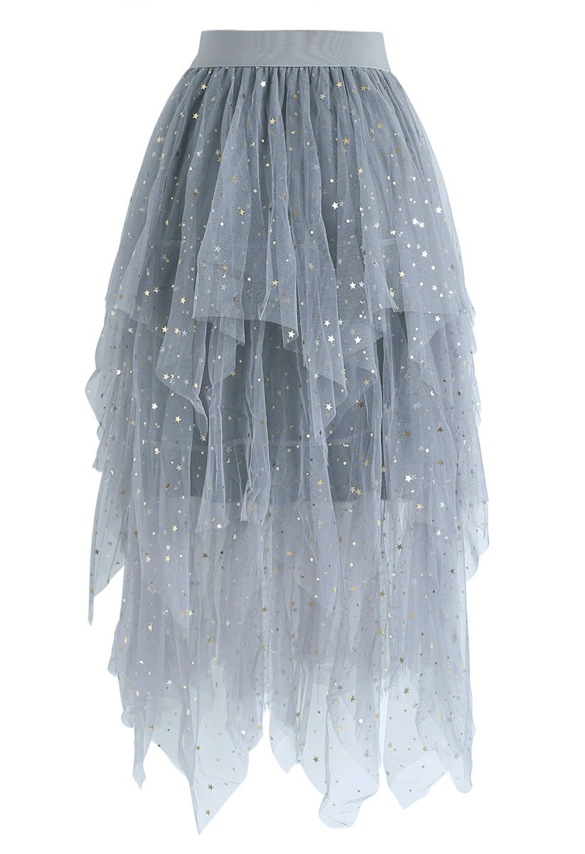 Shooting Stars Asymmetric Tiered Mesh Skirt in Blue