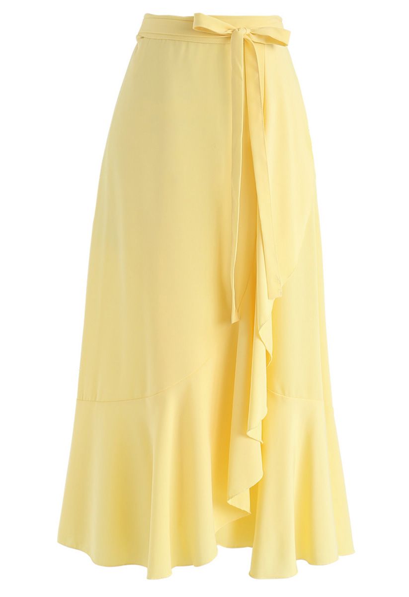 Simple Base Asymmetric Ruffle Midi Skirt in Yellow