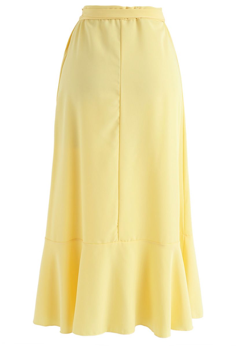 Simple Base Asymmetric Ruffle Midi Skirt in Yellow