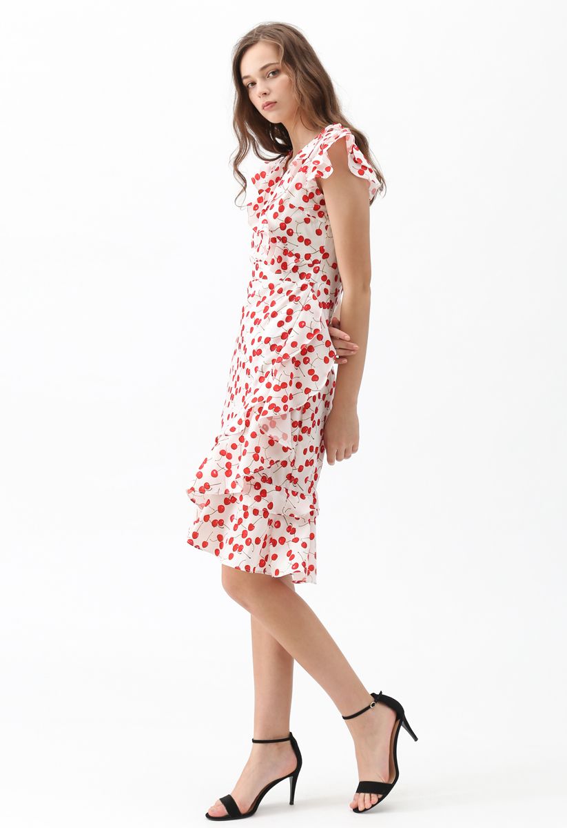 Ultra-Sweet Cherry Printed Ruffle Dress