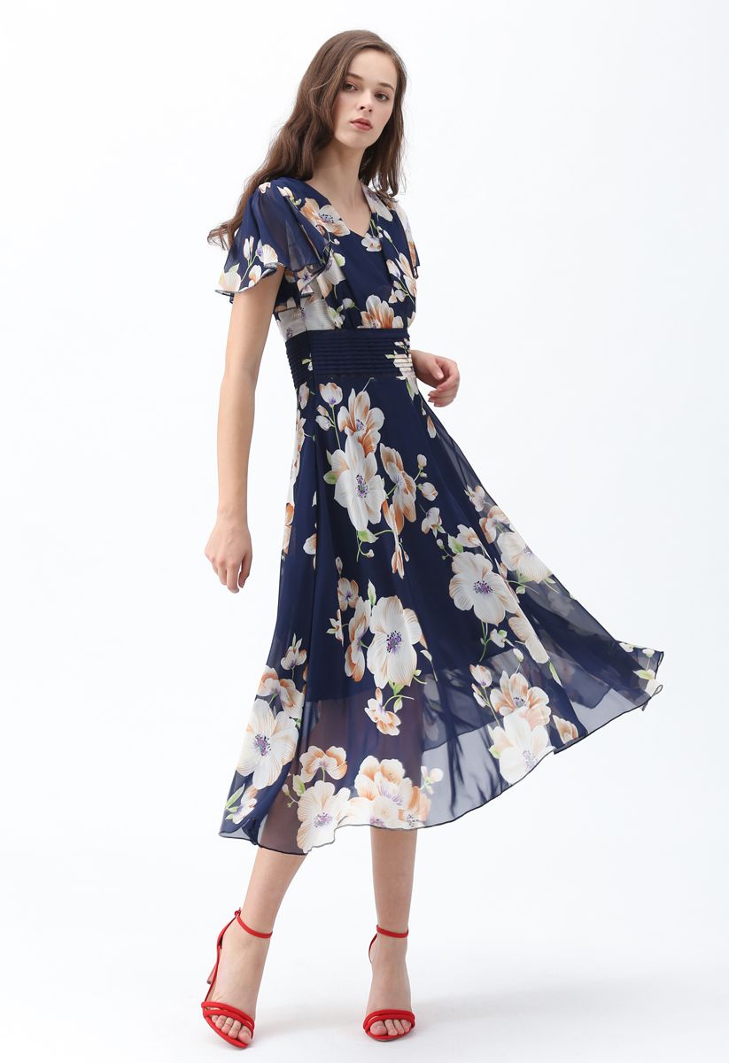 Sweet Surrender Floral Chiffon Dress in Navy