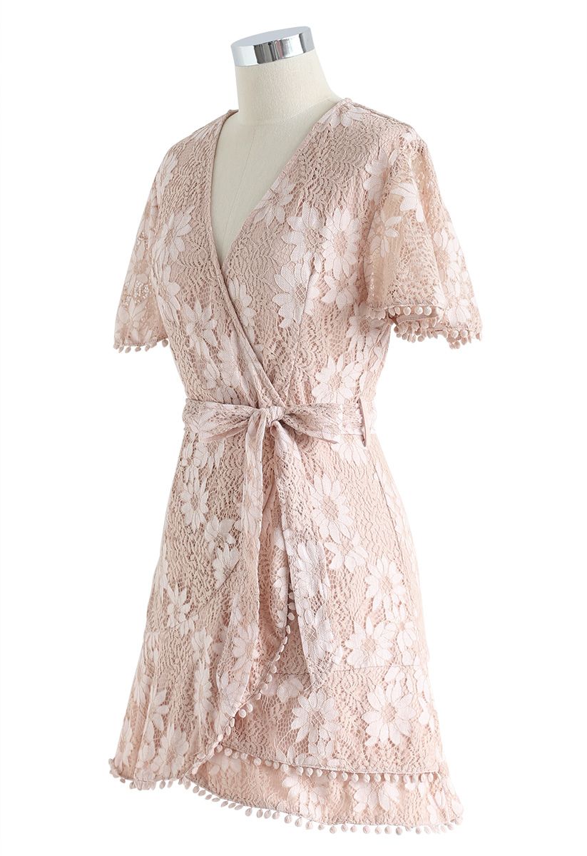 Daisy Land Full Lace Wrap Mini Dress in Blush