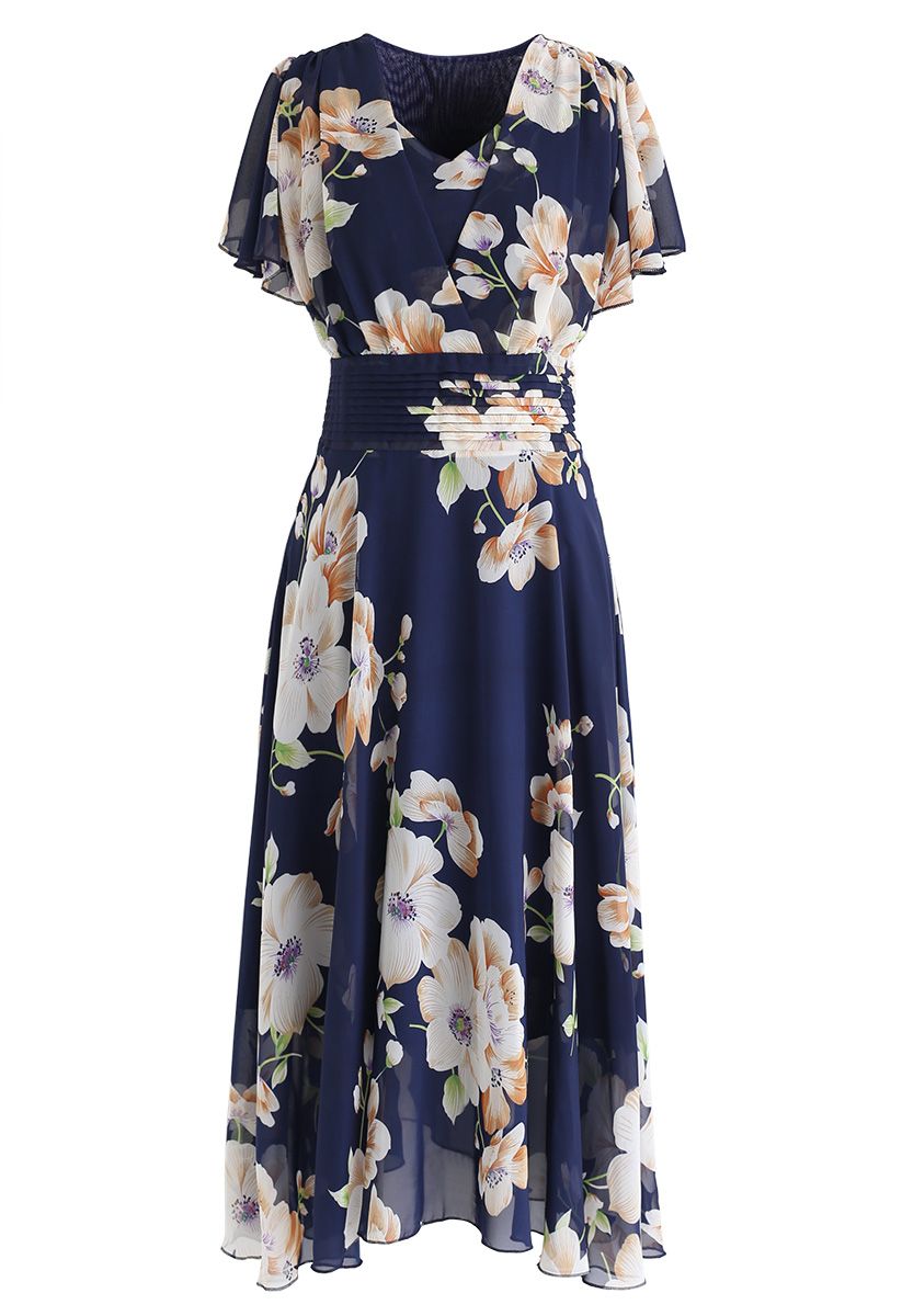 Sweet Surrender Floral Chiffon Dress in Navy