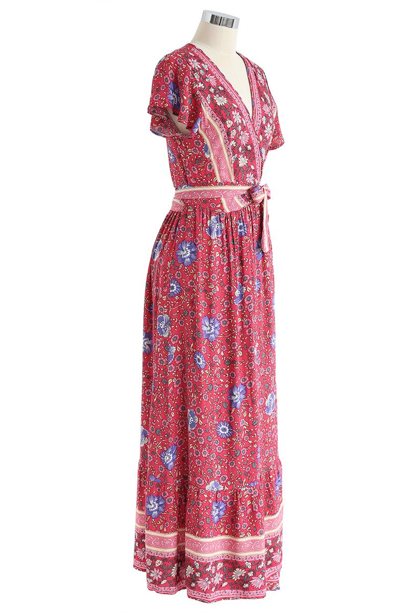 Boho Vibrant Floral Wrap Maxi Dress in Red