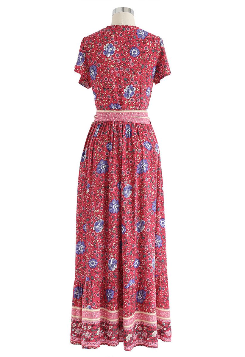 Boho Vibrant Floral Wrap Maxi Dress in Red