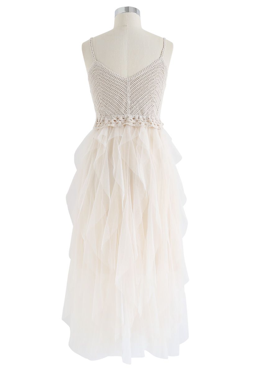 Knit Ruffled Mesh Cami Dress in Cream