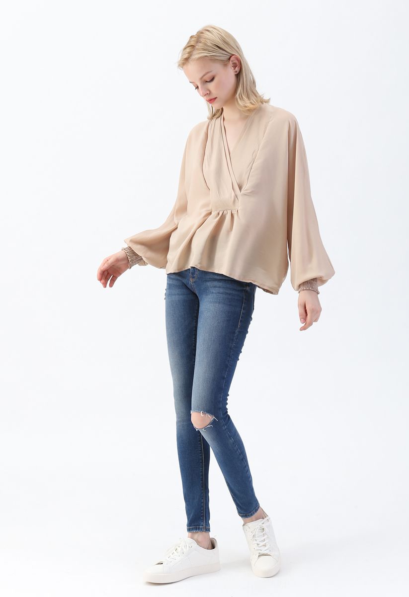 Batwing Sleeves Wrapped Top in Light Tan