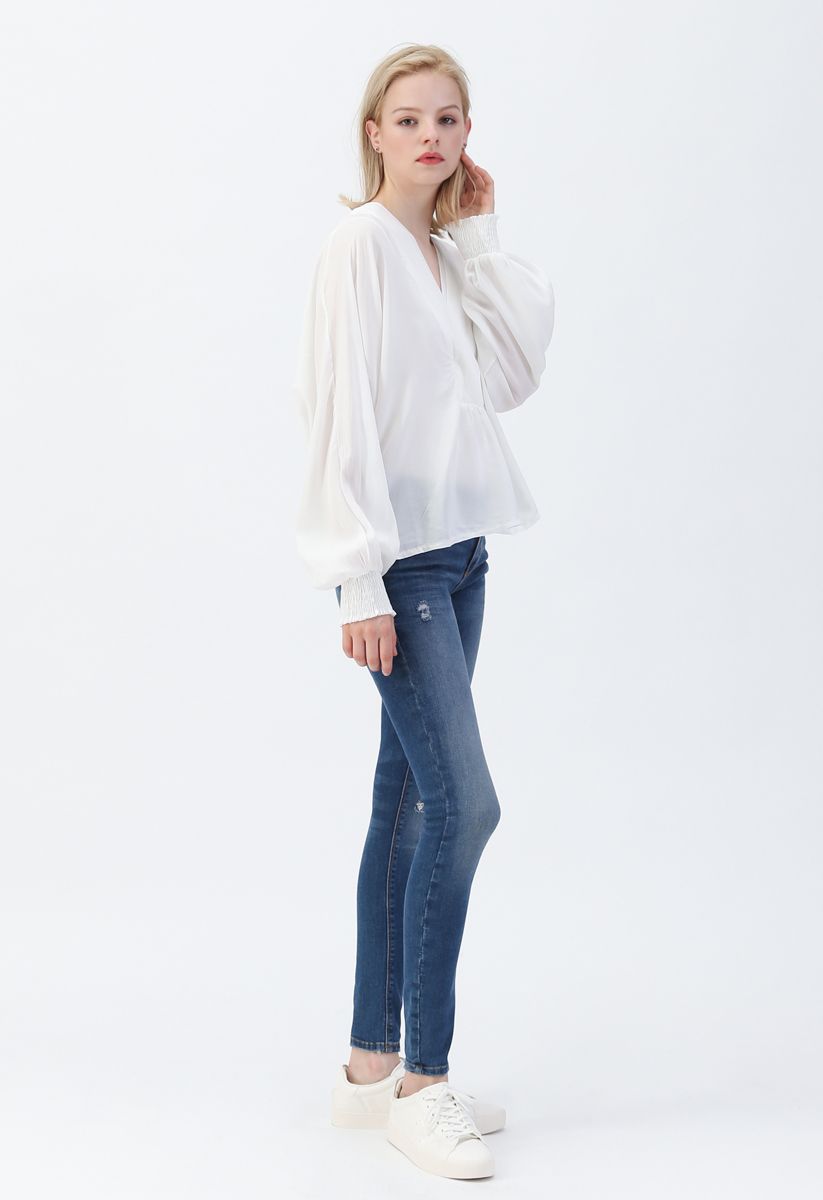 Batwing Sleeves Wrapped Top in White