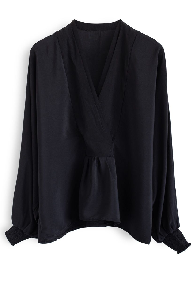 Batwing Sleeves Wrapped Top in Black