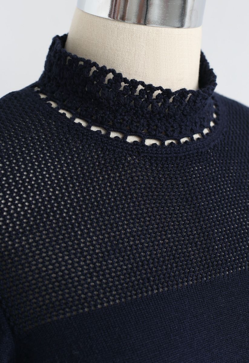 Hand Knit Crochet Cold-Shoulder Knit Top in Navy