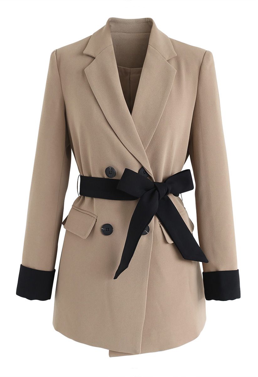 Self-Tied Bowknot Double-Breasted Blazer in Tan