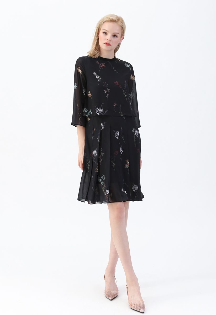Fake Two-Piece Floral Pleated Midi Dress