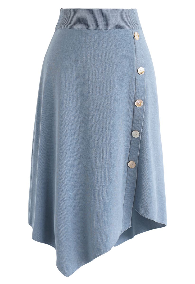 Shell Buttons Trim Asymmetric Knit Skirt in Blue