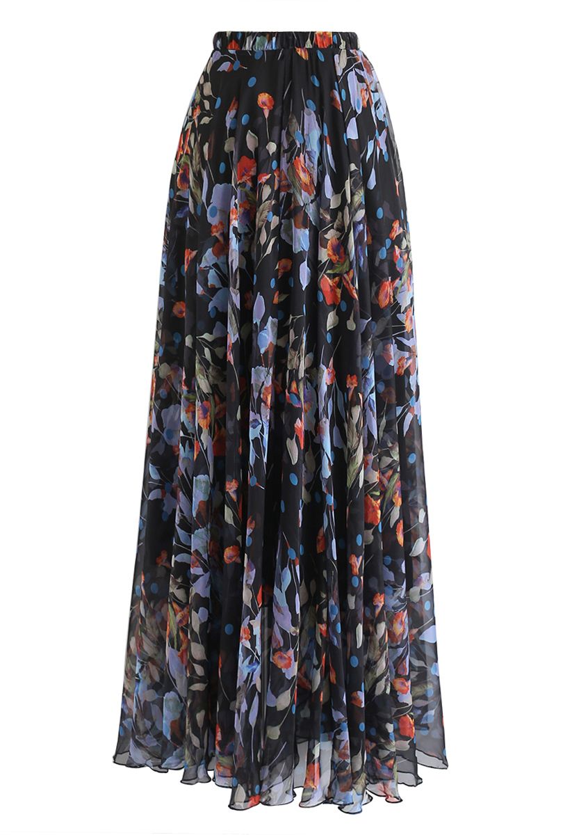 Blooming Calla Lily Watercolor Maxi Skirt in Black - Retro, Indie and ...