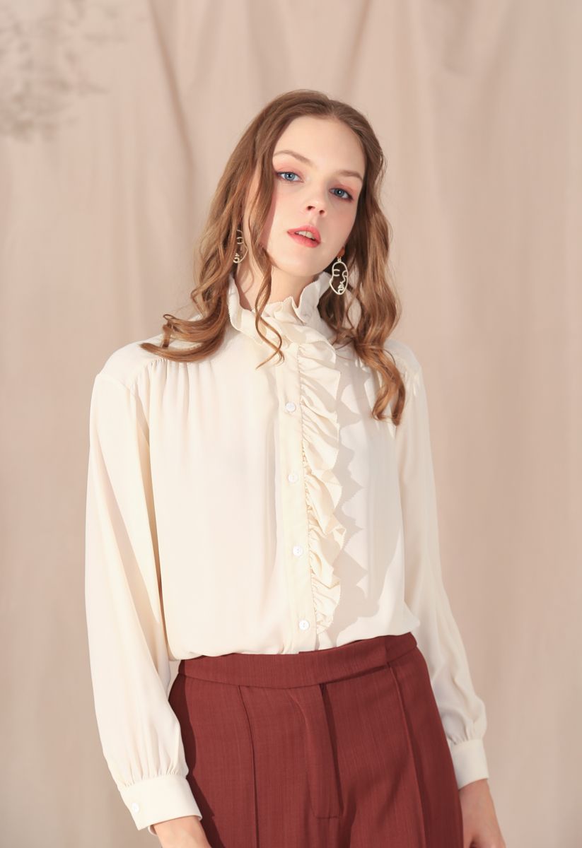 Button Front Ruffle Hi-Lo Shirt in Cream