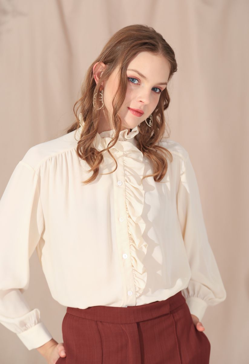 Button Front Ruffle Hi-Lo Shirt in Cream