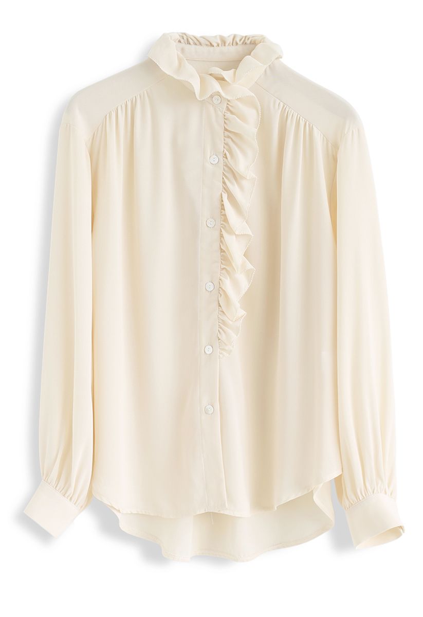 Button Front Ruffle Hi-Lo Shirt in Cream