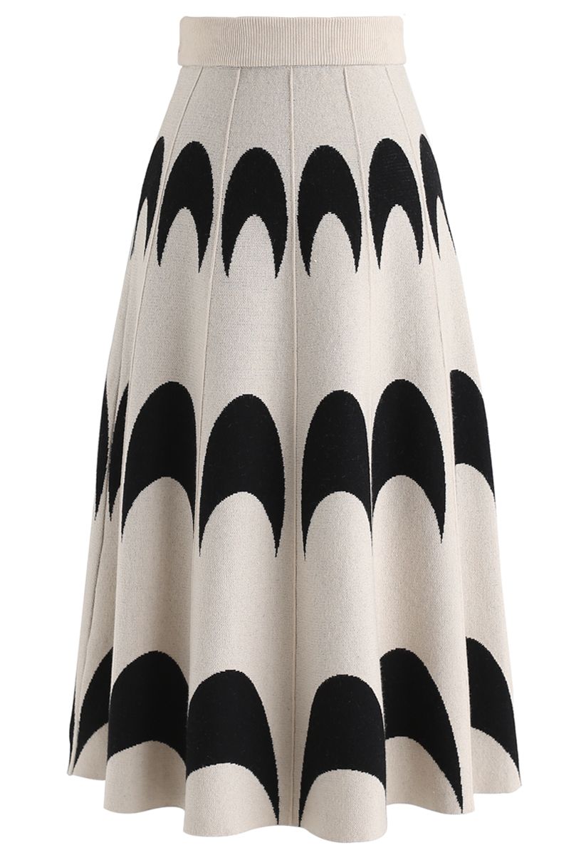 Moon Pattern Knit A-Line Midi Skirt in Ivory