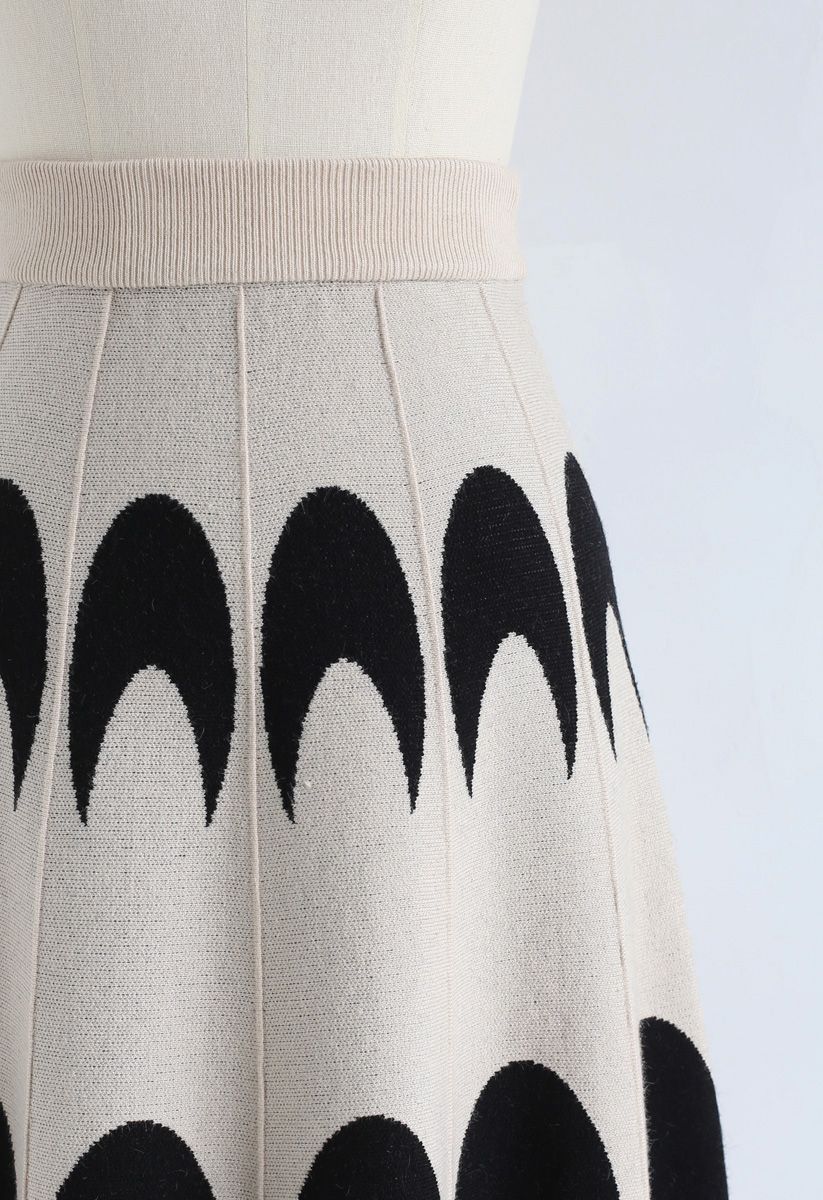 Moon Pattern Knit A-Line Midi Skirt in Ivory