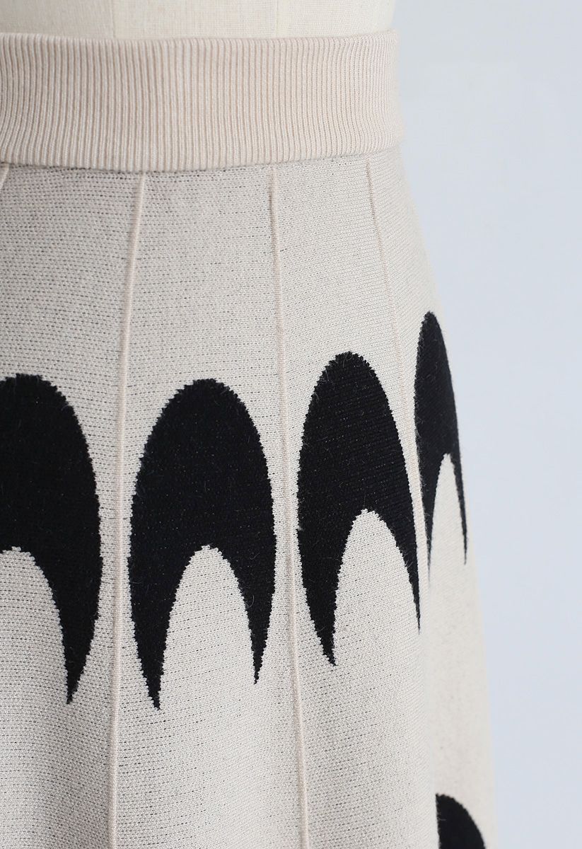 Moon Pattern Knit A-Line Midi Skirt in Ivory