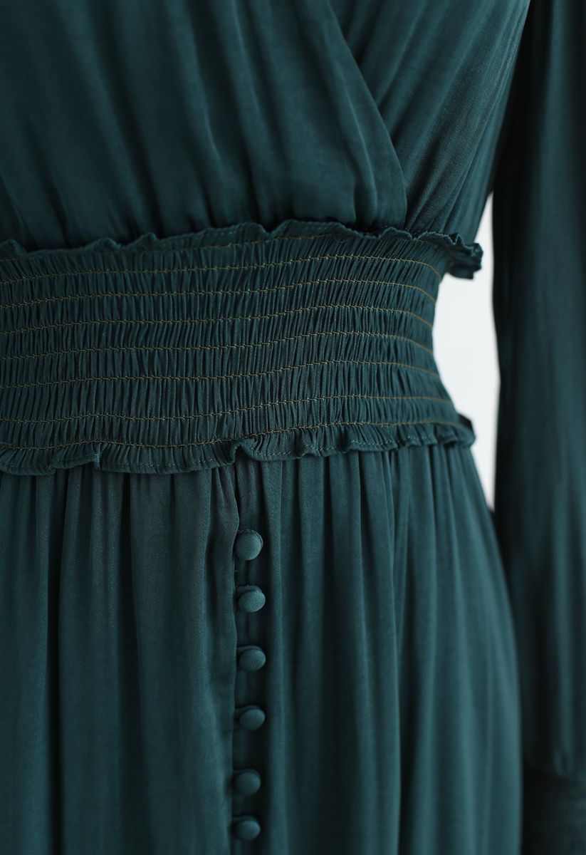 Satin Button Down Wrap Midi Dress in Dark Green