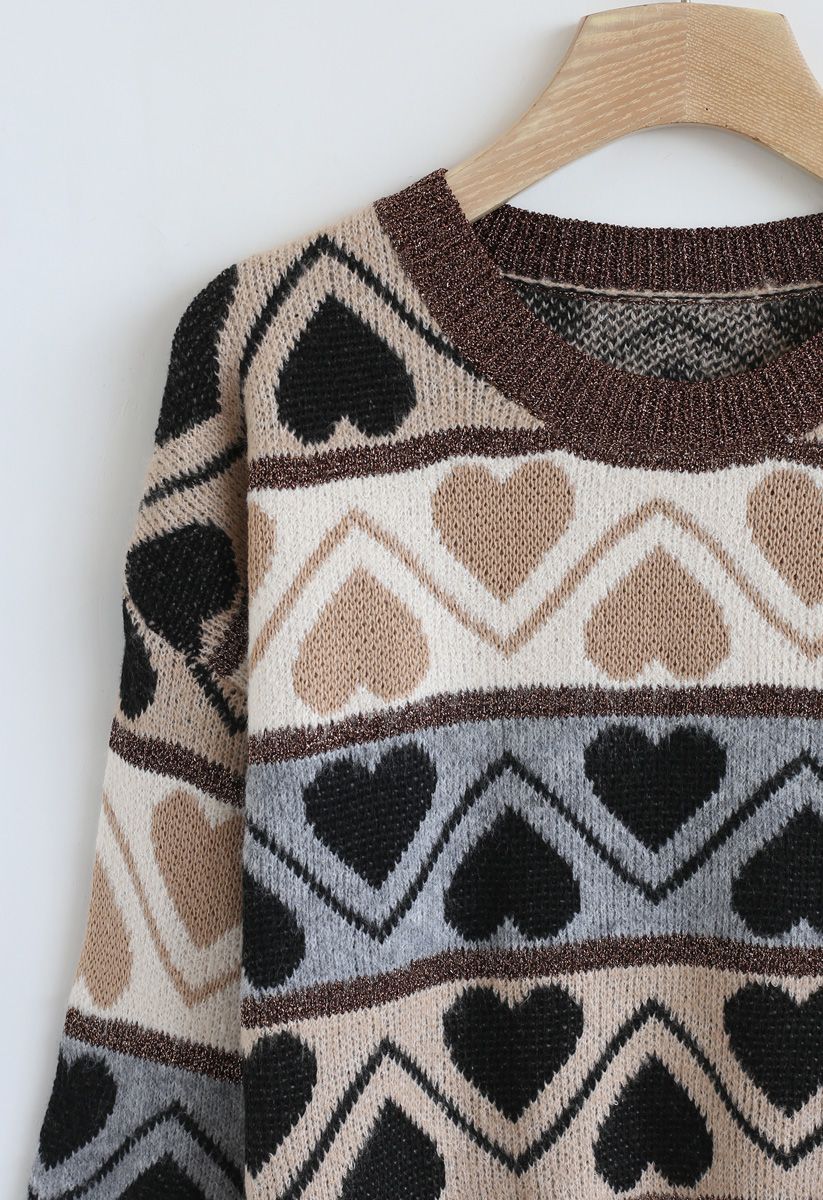 Heart Print Fluffy Soft Knit Sweater