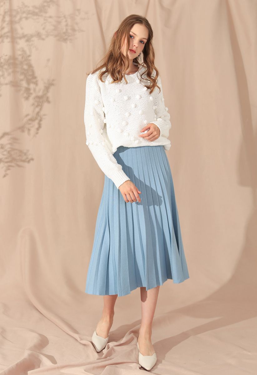 A-Line Pleated Knit Midi Skirt in Blue