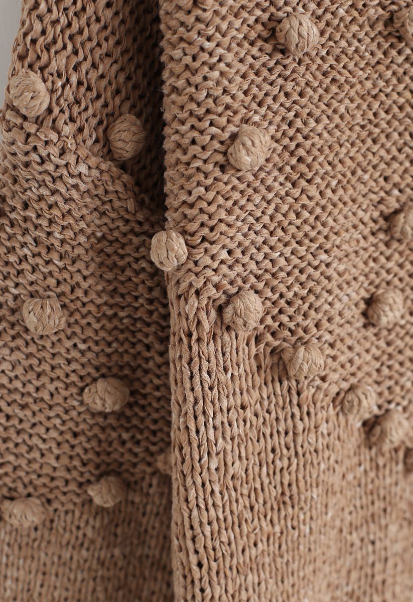 Pom-Pom Trim Chunky Knit Sweater in Tan