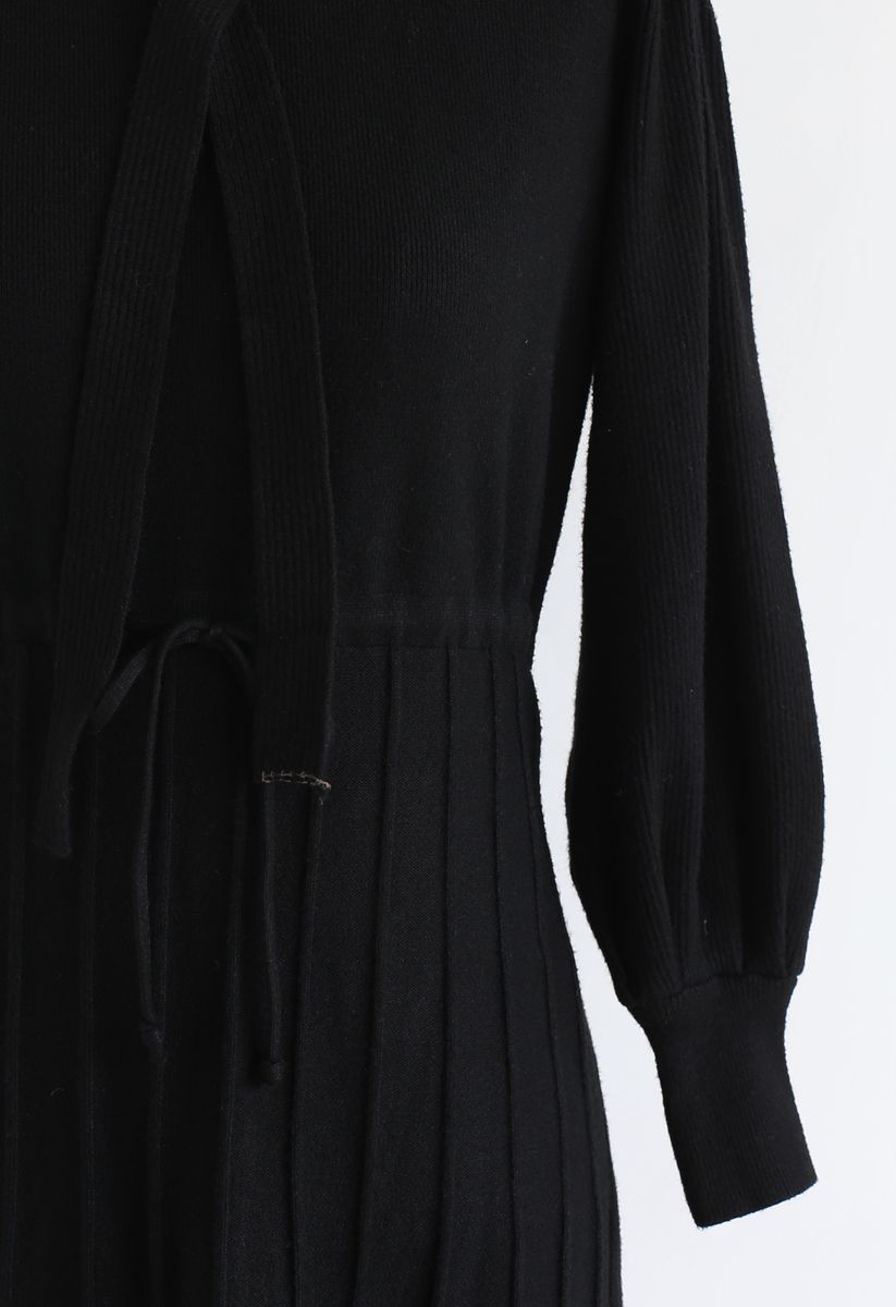 Puff Sleeves Drawstring Pleated Knit Midi Dress in Black