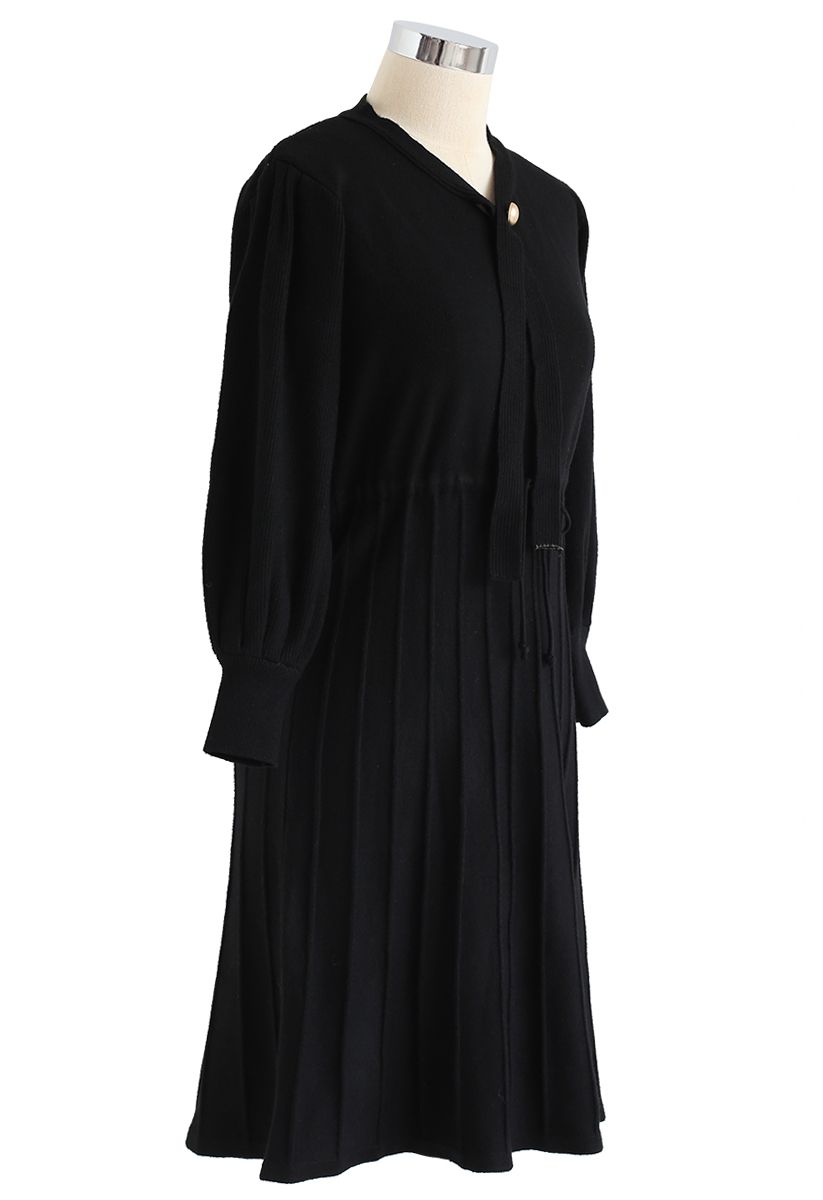 Puff Sleeves Drawstring Pleated Knit Midi Dress in Black