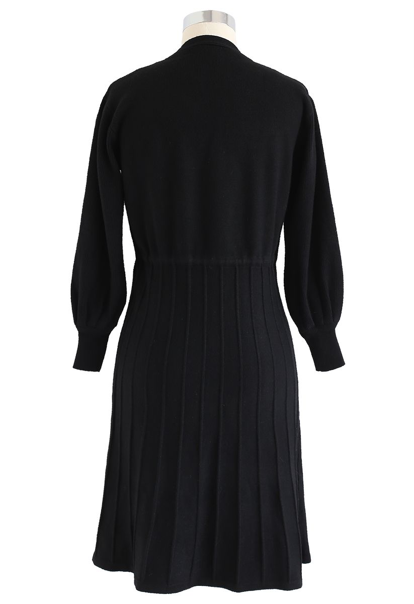 Puff Sleeves Drawstring Pleated Knit Midi Dress in Black