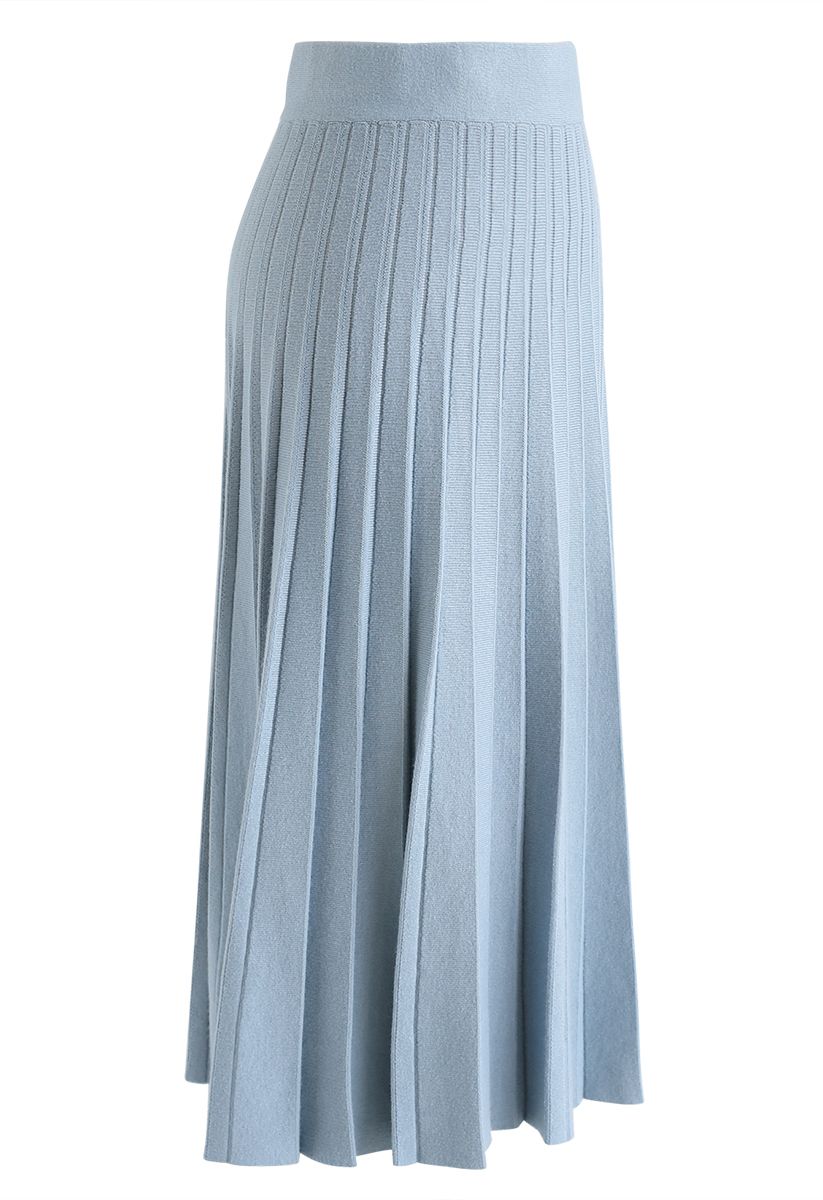A-Line Pleated Knit Midi Skirt in Blue