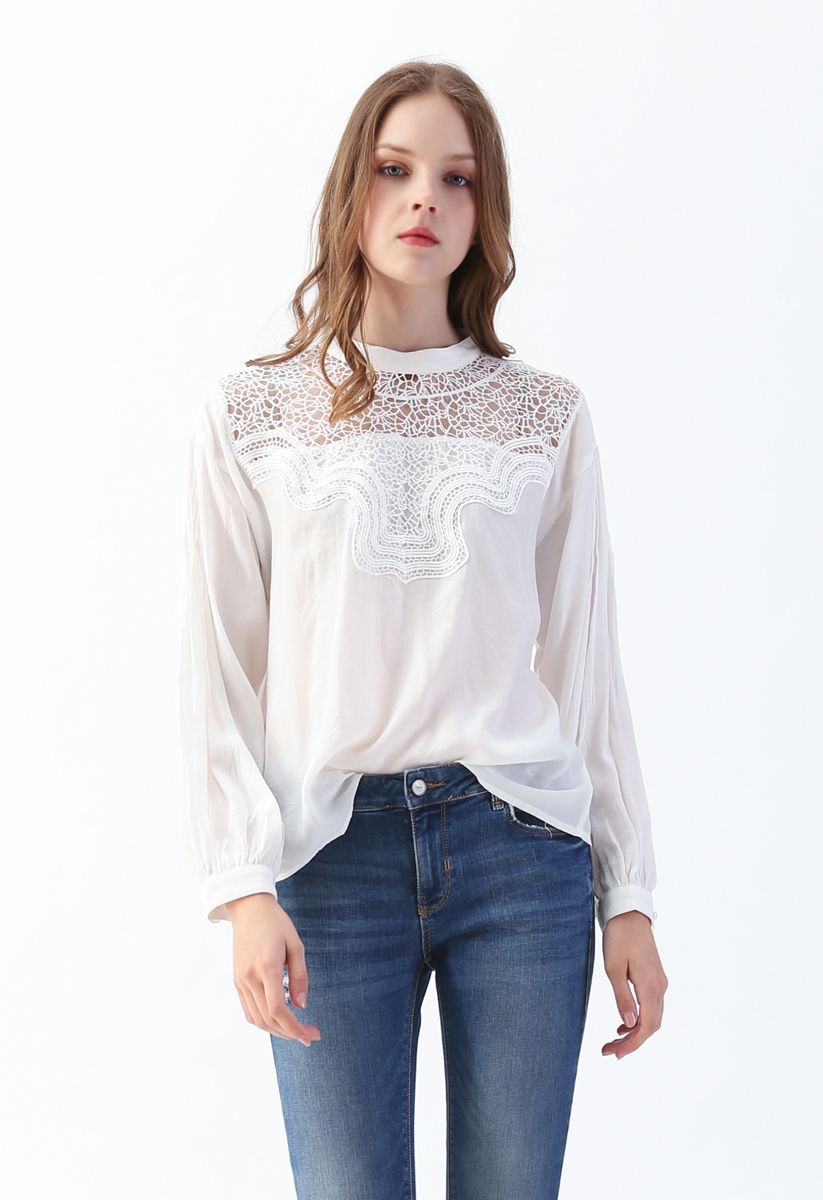 Hollow Out Crochet Sleeves Top in Ivory