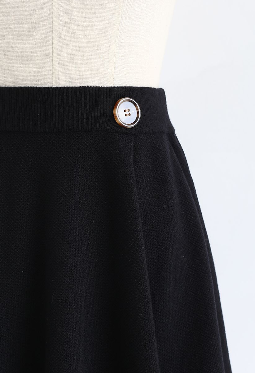 Buttoned Trim Textured Knit Mini Skirt in Black
