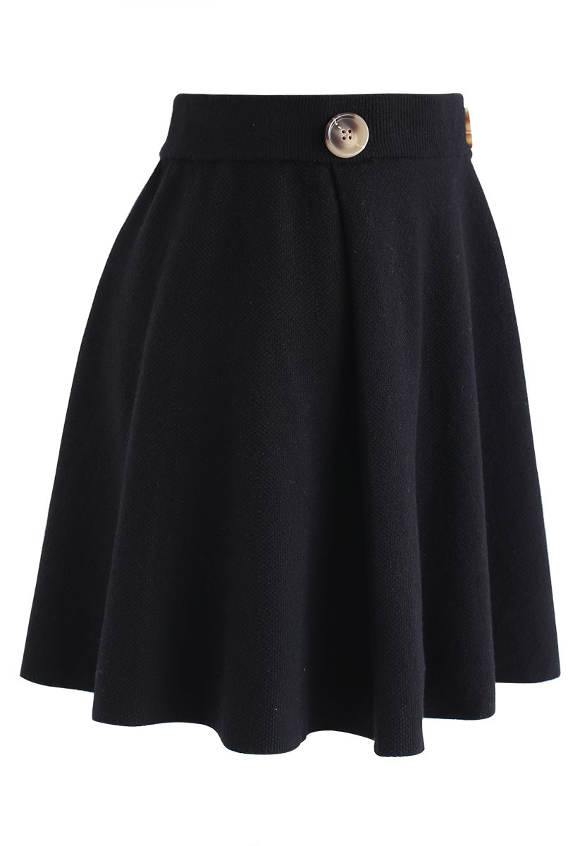 Buttoned Trim Textured Knit Mini Skirt in Black