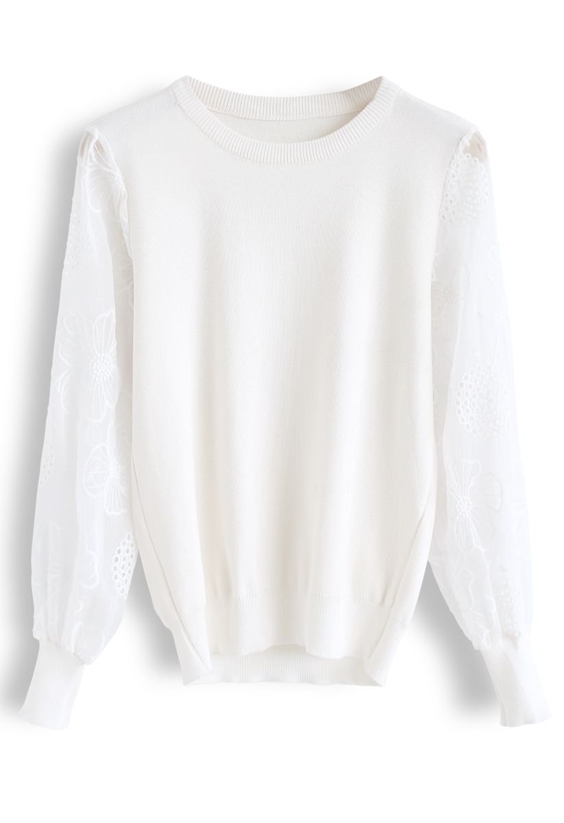 Floral Embroidered Sheer Sleeves Knit Sweater in White