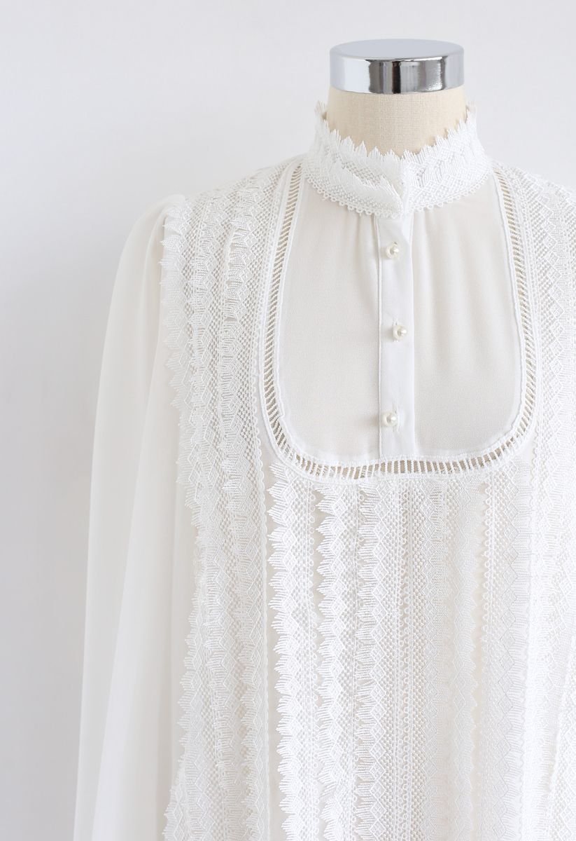 Mock Neck Front Crochet Top in White