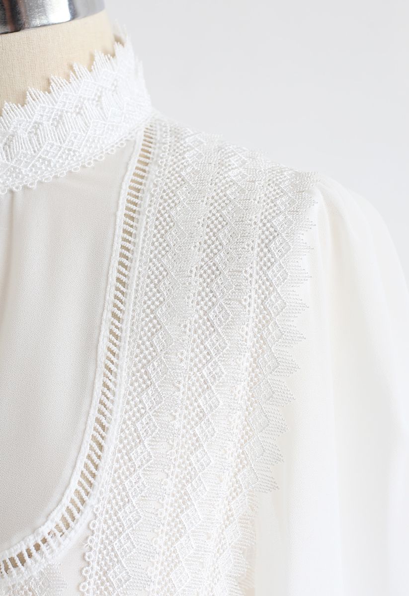 Mock Neck Front Crochet Top in White