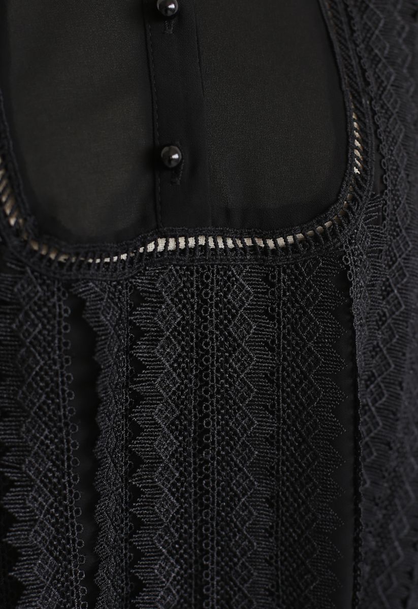 Mock Neck Front Crochet Top in Black